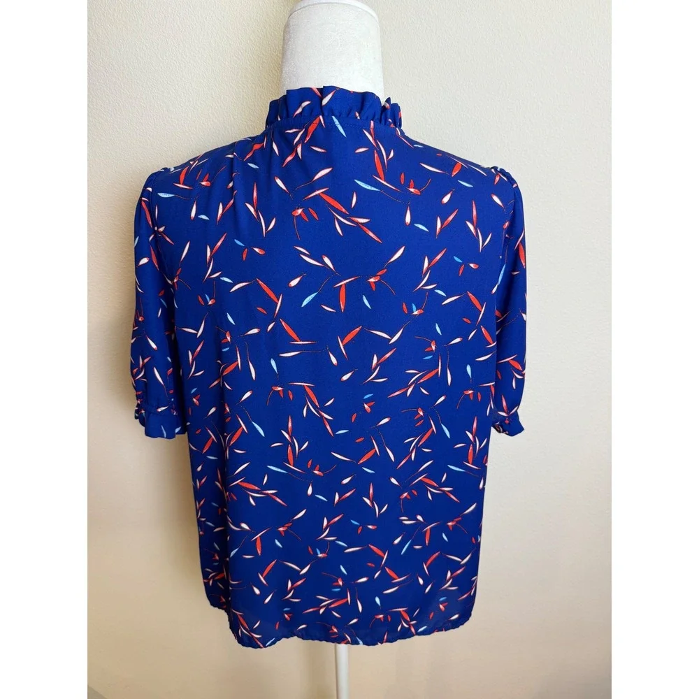 Banana Republic Blue Ruffle High Neck Puff Sleeve Abstract Leaf Print Blouse Top